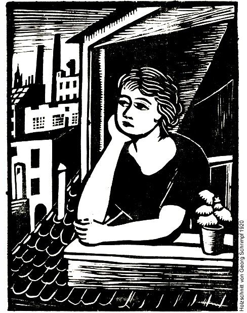 sinnierende Frau am Fenster, Fabrik im Hintergrund